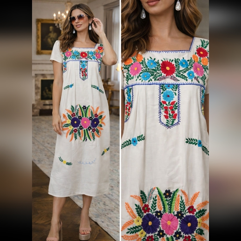 VINTAGE COTTON EMBROIDERED MIDI DRESS FLORAL BOHO SIZE S - Picture 9 of 9